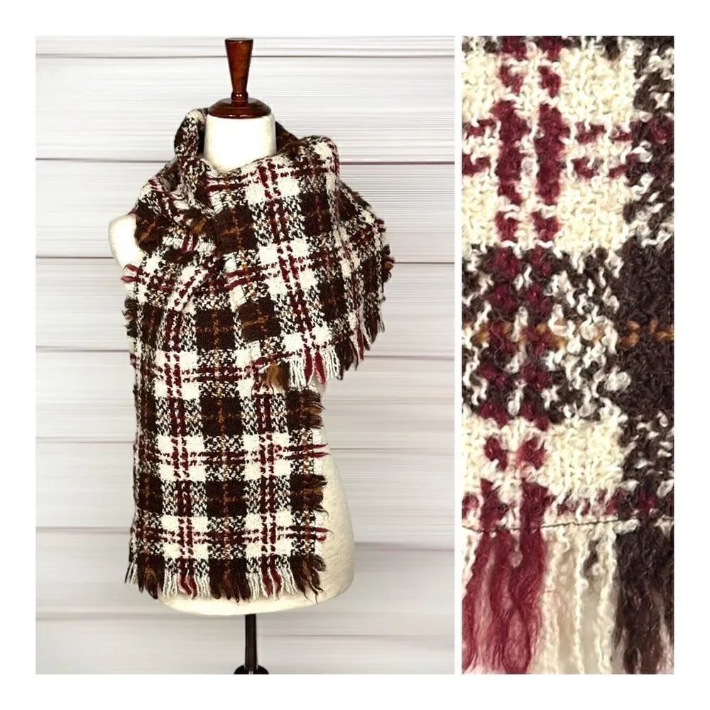 Wool Tartan Plaid Boucle Cream Brown Burgundy Scarf Unisex